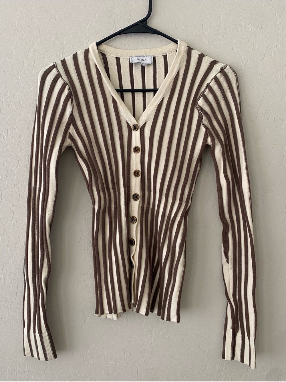 Rihoas Vertical Stripe V Neck Ribbed Cardigan Knit Top XS Ivory Brown